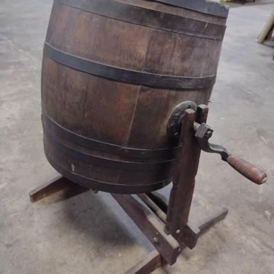 Antique Hand Crank Oak and Iron Butter Churn Barrel