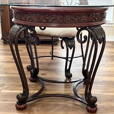 ASHLEY ~ Brown Metal / Mahogany Wood Table With Glass Top ~ *Read Details