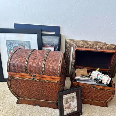 Lot of various frames and 2 trunks. Filled with sewing supplies and fabric scraps.