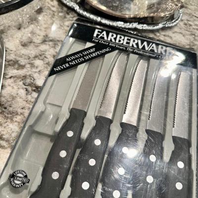 Lot of steak knives and glass and silver-plate dishes