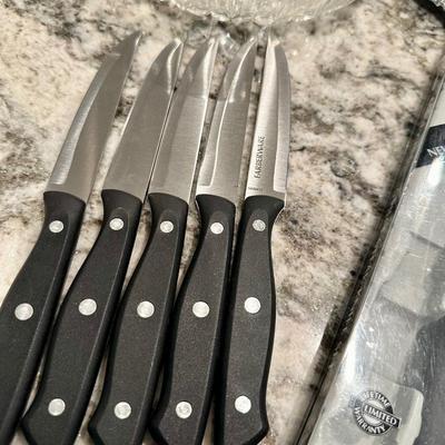 Lot of steak knives and glass and silver-plate dishes