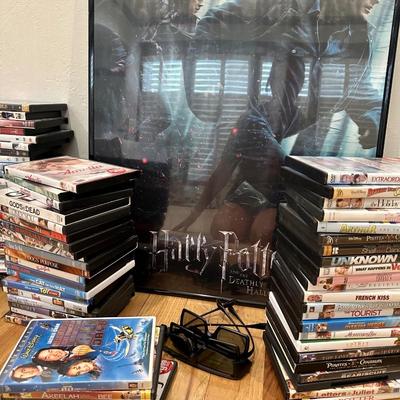 Lot of DVDs (all included in photos), a framed Harry Potter poster and 2 pair of 3D glasses