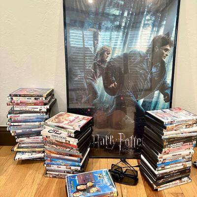 Lot of DVDs (all included in photos), a framed Harry Potter poster and 2 pair of 3D glasses