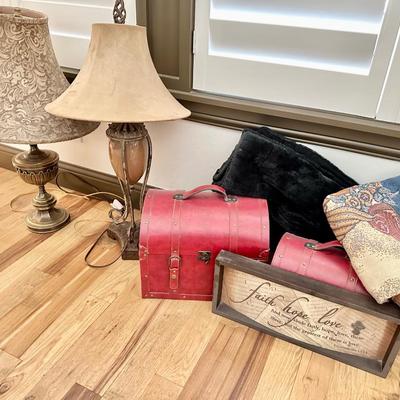 Lot of Home decor including 2 Lamps, 2 Red Trunks, 2 throws and Sign