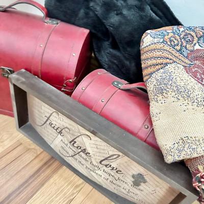Lot of Home decor including 2 Lamps, 2 Red Trunks, 2 throws and Sign