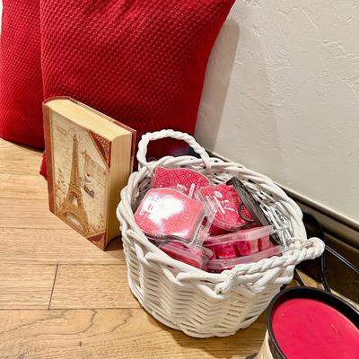 2 Red pillows, home decor and a Scentsy warmer with a basket full of melts