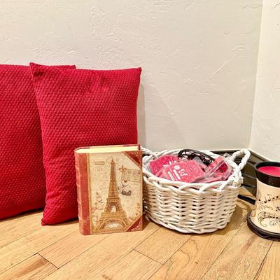 2 Red pillows, home decor and a Scentsy warmer with a basket full of melts