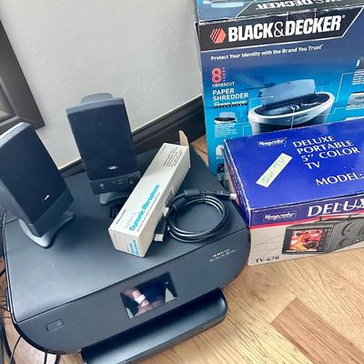 Office Equipment and a portable TV! Printer, shredder and speakers