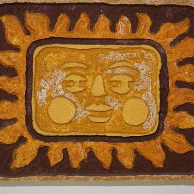 MCM SCULPTURE OF SUNBURST ON FOAM BOARD.- BOLD COLORS OF YELLOW. ORANGE AND BROWN