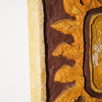 MCM SCULPTURE OF SUNBURST ON FOAM BOARD.- BOLD COLORS OF YELLOW. ORANGE AND BROWN
