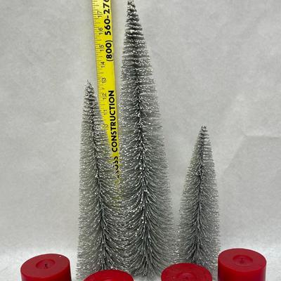 Christmas Decor Lot - 4 Red Candles and 3 Silvery Tabletop Trees