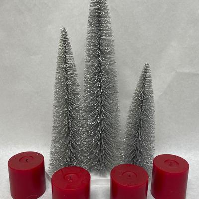 Christmas Decor Lot - 4 Red Candles and 3 Silvery Tabletop Trees