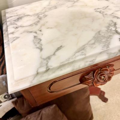 Darling antique wooden/marble top side table with pillows and King Comforter