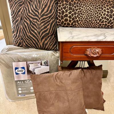 Darling antique wooden/marble top side table with pillows and King Comforter