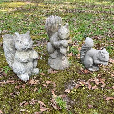 Set Of Three (3) Cement Squirrel Garden Statues