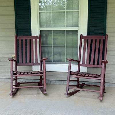 Pair (2) Wood Maroon Rocking Chairs