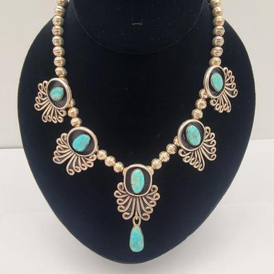 Exquisite Six Turquoise Stone Navajo Silver Necklace $800-$1000 Value