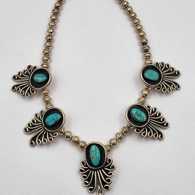Exquisite Six Turquoise Stone Navajo Silver Necklace $800-$1000 Value