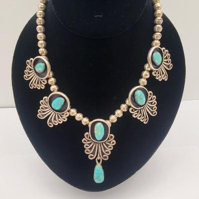 Exquisite Six Turquoise Stone Navajo Silver Necklace $800-$1000 Value