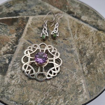 Celtic Circle Brooch With Amethyst + Earrings 11gr
