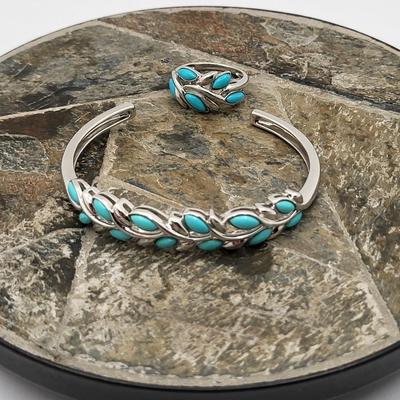 Sleeping Beauty Turquoise 925 Silver Cuff & Ring 18.7gr