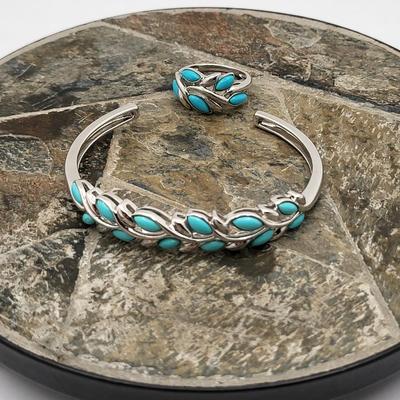 Sleeping Beauty Turquoise 925 Silver Cuff & Ring 18.7gr