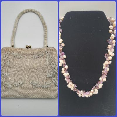 Vintage Beaded Bag & Hand Crafted Amethyst/Pearl Necklace
