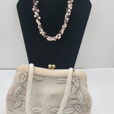 Vintage Beaded Bag & Hand Crafted Amethyst/Pearl Necklace