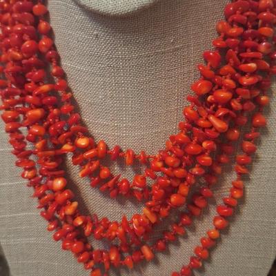 Multi-strand beaded red necklace possibly coral