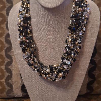 JOAN RIVERS beaded multi strand necklace clear, black, gold, faux pearls 22'' L