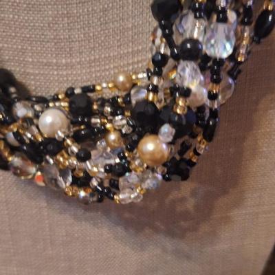 JOAN RIVERS beaded multi strand necklace clear, black, gold, faux pearls 22'' L