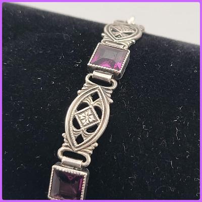 1930's Antique Purple Stone Sterling Silver Bracelet