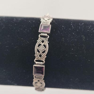 1930's Antique Purple Stone Sterling Silver Bracelet