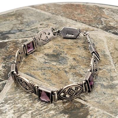 1930's Antique Purple Stone Sterling Silver Bracelet