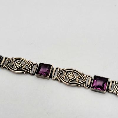 1930's Antique Purple Stone Sterling Silver Bracelet