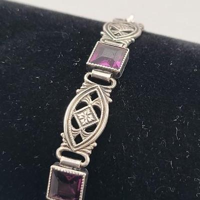 1930's Antique Purple Stone Sterling Silver Bracelet