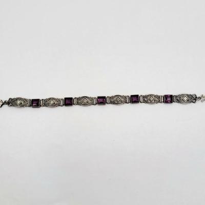 1930's Antique Purple Stone Sterling Silver Bracelet