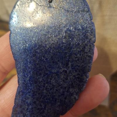 Blue stone carved leaf pendant on leather strap necklace