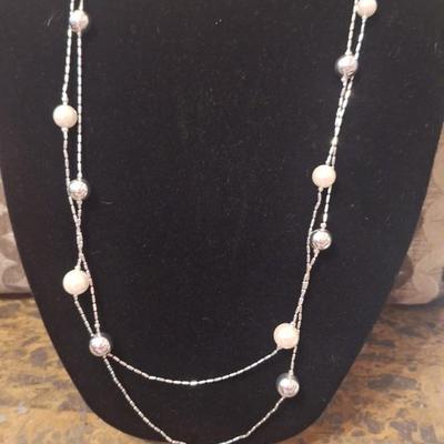 38 in necklace faux silver and pearl beads