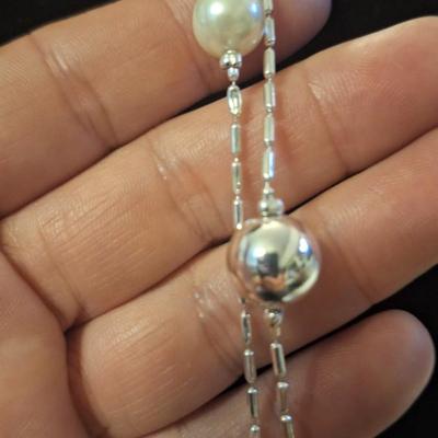 38 in necklace faux silver and pearl beads