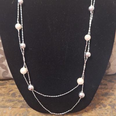 38 in necklace faux silver and pearl beads