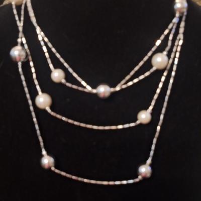 38 in necklace faux silver and pearl beads