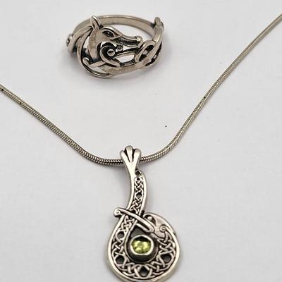 Vintage Norse Scottish Sterling Silver Ring & Necklace 10.2gr