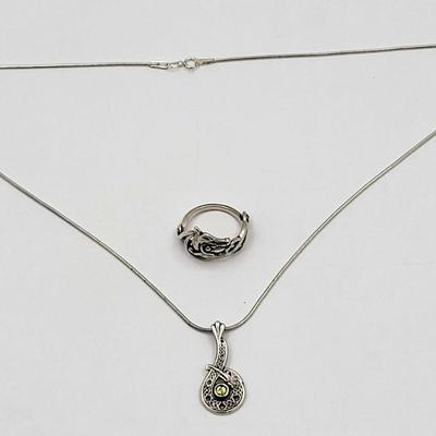 Vintage Norse Scottish Sterling Silver Ring & Necklace 10.2gr