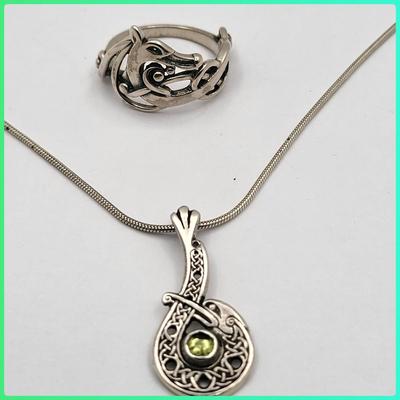 Vintage Norse Scottish Sterling Silver Ring & Necklace 10.2gr