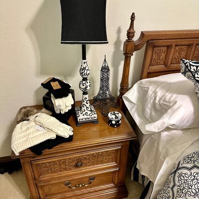 Full/Queen Bed Frame. Mattress is a Full Size and side table with everything in photo included! All Black and White Decor