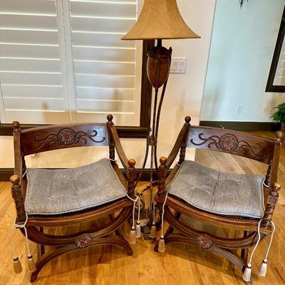 Set of 2 Wooden Chairs with Cane Seats, a floor lamp and a Floor lamp