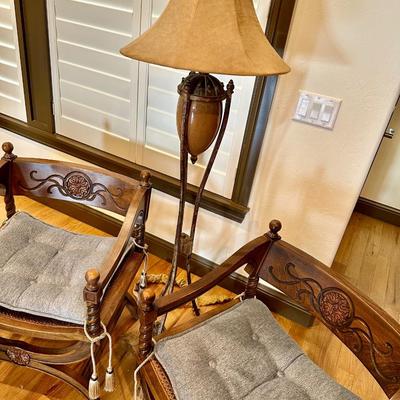 Set of 2 Wooden Chairs with Cane Seats, a floor lamp and a Floor lamp