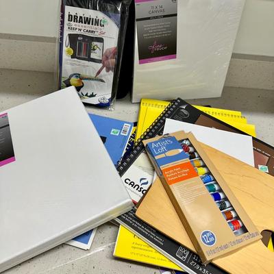 Lot of Art Supplies, Canvases, Paint and Pads of paper