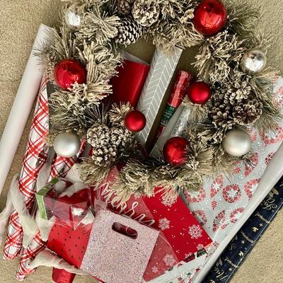 Lot of Christmas Paper and Ribbon and a pretty Christmas Wreath
